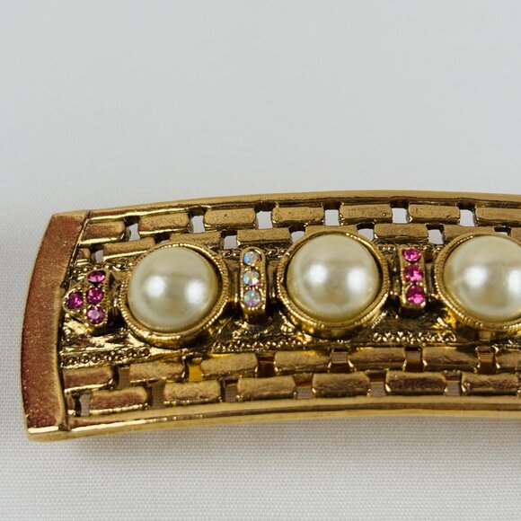 VTG Barrette Gold Tone Faux Pearls Rhinestones Hair Clasp France main image 6